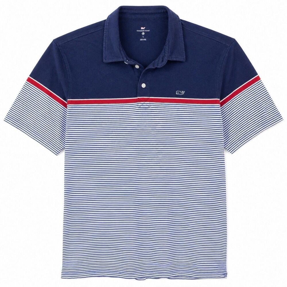 Vineyard Vines Mens Large Navy White Striped Polo Shirt Red Whale Logo Preppy
